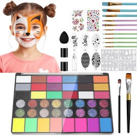Kit de Pintura Facial y Pintura Corporal de 42 Colores, Set Profesional de Pintura Facial y Corporal, con Paleta de Maquillaje, Pincel y Gemas, Pintacaritas para Niños, Adecuado para Halloween, Espectáculos, Fiestas