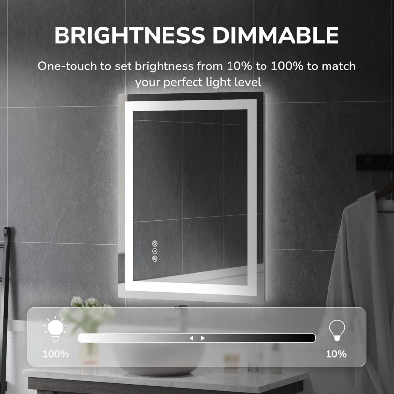 USHOWER 28x36'' LED Bathroom Mirror Wall Vanity Mirror Dimmable Anti-fog