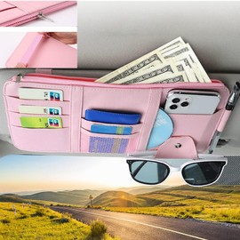 LSYJING Car visor storage bag, ultra-thin multi-pocket visor organizer with zipper for sunglasses, cards, pens, documents and keys (粉色)