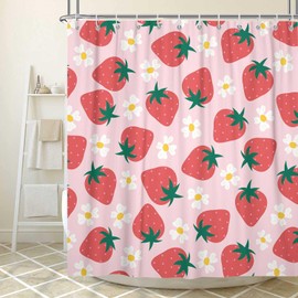 Ptrxobj Cute Strawberry Shower Curtain for Kids Girls Bathroom, Kawaii Girly Fruit Flower Fabric Shower Curtains Set Decorative, Fun Aesthetic Restroom Decor Accessories with Hooks 72X72 inch