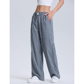 LOMON Women's Gingham Plaid Wide Leg Pants Cotton Boxers Pajama Lounge Pj Casual Trousers Y2K Flowy Bottoms with Pockets (Navy Blue Plaid, M)