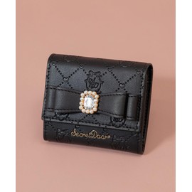 SecretDoor Trifold Wallet, Mini Wallet, Small, Card, Box Coin, Bill Holder, Bijou, Ribbon, Pearl, Embossed Pattern, All Pattern, Black