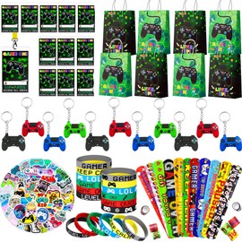 Kaxulvoblig Video Game Party Favors for Kids, 110pcs Gamer Party Favors Set Including Video Game Wristband Slap Bracelets Keychain Vip Pass Ticket & Gamer Goodie Bags etc Gaming Party Favors for Boys