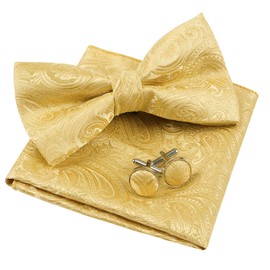 Alizeal Mens Paisley Bow Tie, Pocket Square, Cufflinks Set (Gold-1)