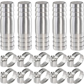 MSAEIQUN Stainless Steel 5/8" Barb Splicer Mender Round Union Coupler Hose Fitting with Stainless Steel Pipe Clamps for Water/Fuel/Air (Pack of 5)