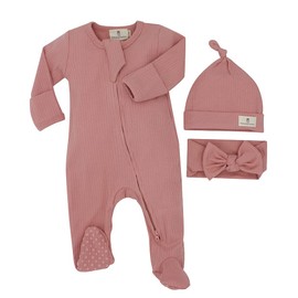 Newborn Baby Clothes - Baby Organic Cotton Long Sleeve Ribbed Onesie Footed Jumpsuit Gift Set with matching style Beanie and Headband for baby girls (Rose Pink)