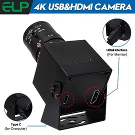 ELP Cámara USB HDMI 4K - Cámara web con zoom 4X de 2,8 a 12 mm con ajuste manual para computadora, TV, proyector, monitor