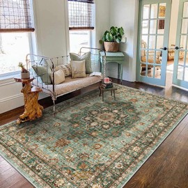 TOPRUUG Washable Oriental Area Rug - 5x7 Rugs for Living Room Soft Carpet for Bedroom Waterproof Floral Distressed Indoor Stain Resistant Non-Shedding Floor Carpets (Green, 5x7)