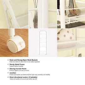 Home Furnishing Plaza Exquisite Honeycomb Net Three Tiers Storage Cart with Hook Ivory White Utility Storage Organizer Shelf Rack for Kitchen Living Room Bathroom MITPATY