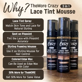 The MORE 3 in 1 Lace Tint Mousse, 6.76 Fl Oz, Medium Brown | Concealer for Lace Wigs, Hair Wigs, Toupees and Hair Pieces, Colored Edge Tamer