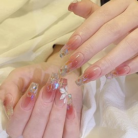Nail Tip, Long Nail Tip, 24 Pieces, Glitter, Glossy, 3D, Korea, Popular, Stylish, Gel Nails, Nail Seal, Cute, Long, Bride Nail, Handmade Nail Tip, Double-Sided Tape, Butterfly, 3D Nail Clip, Wedding,