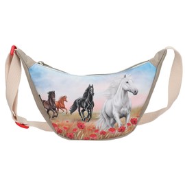 Depesche Miss Melody Poppy Sand 13343 Small Crescent Moon Shoulder Bag in Beige with Horse Motif and Poppies, Bag with Adjustable Strap, beige