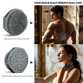 Dual-Sided Silicone Body Scrubber,2-in-1 Silicone Loofah for Shower Exfoliating Body Brush Buffer Scrubber for Men and Women for All Skin,Scalp Massager Lather Well＆Easy to Clean (Gray)