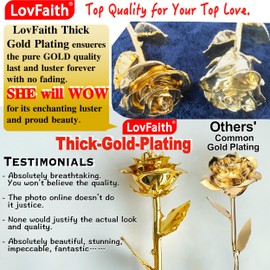 LovFaith Valentine Gift Real Rose Dipped 24K Gold with Crystal Stand, Best Anniversary Rose Gift for Her Wife Mother Birthday Christmas (B1. Deluxe Thick Gold -Blooming)