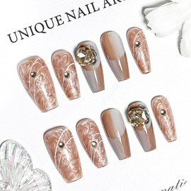 JODSONE Press On Nails Rhinestone Square Wearable Nails Streaming Glitter Thread Effect Adhesive Ready to Wear Fake Nail Set- Medium