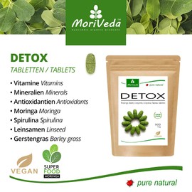 MoriVeda Moringa Detox Tablets 900 mg Pack of 120 with Moringa, Flaxseed, Barley Grass and Spirulina for Detoxification and Detoxification, Vegan and Gluten-Free Pack of 120