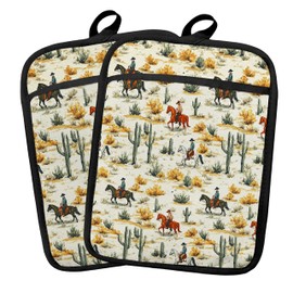 Fyecoluo Rustic Western Pot Holders 2 Pack Set, Western Kitchen Decor, Southwestern Country Cowboy Cactus Desert Heat Resistant Oven Hot Pads for Kitchen Cooking Countertop Baking，079 Potholder