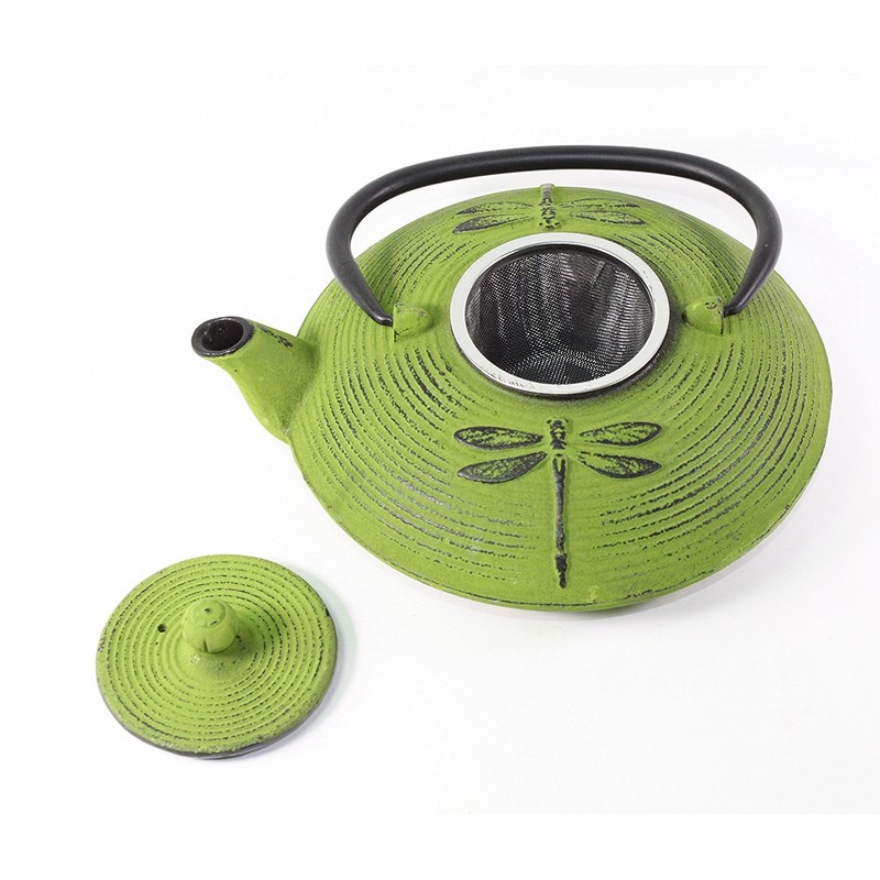 Japanese Antique 27 Fl Oz Green Dragonfly Cast Iron Teapot