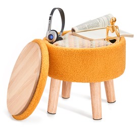 Poofzy Ottoman with Storage, Storage Ottoman, Small Foot Stool Ottoman with Wood Legs, Teddy Velvet Foot Rest for Couch, Living Room and Bedroom - Yellow
