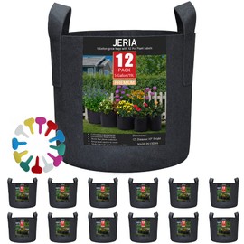 JERIA 12-Pack 5 Gallon, Vegetable/Flower/Plant Grow Bags, Aeration Fabric Pots with Handles (Black), Come with 12 Pcs Plant Labels