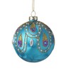 Teal Glass Bauble with Peacock Feather Design