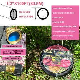 Daé Rubber Soaker Hose, 1/2 inch, 100ft Garden Hose for Irrigation,Water-Saving up to 70%, Brass Connector Leak-Proof, Heavy-duty Hose, Watering for Trees,Lawns, Vegetables and Flowers.