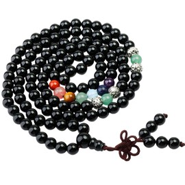 SUNYIK Black Agate Tibetan Buddhist 108 Bracelet,7 Color Chakra Bead,Wrapped Mala Necklace