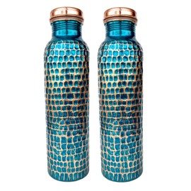 Rastogi Handicrafts SET OF 2 PURE COPPER HAND PAINTED WATER BOTTLE AYURVEDA HEALTH HOME,KITCHEN,SPORTS DAILY USE (HMMRD FIROZI)