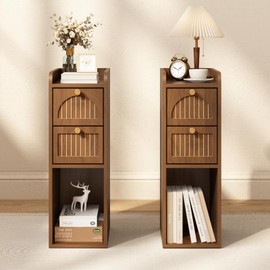 WINWY 7.87" Narrow Nightstand Set of 2, Fluted Slim Bedside Table with 2 Drawers, Mid Century Modern Small End Table with Gold Metal Handles, for Bedroom, Living Room & Small Spaces - Walnut