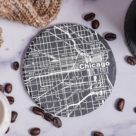 Blue Ridge Mountain Gifts - Slate Coasters with Chicago IL Map, Set of 4 - Drink Coasters for Illinois Fans to Protect Your Home Bar, White UV Printed Chicago Design on Natural Stone Coaster