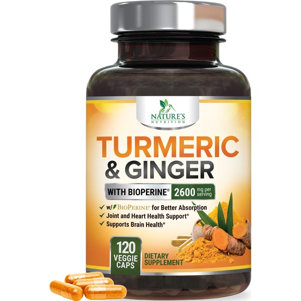 Turmeric Curcumin with BioPerine & Ginger 95% Standardized Curcuminoids 2600mg - Black Pepper for Max Absorption, Natural Joint Support, Nature's Tumeric Extract Supplement Non-GMO - 120 Capsules