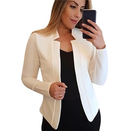 BOFETA Women's Fashion Long Sleeve Shawl Casual Lapel Collar Open Font Blazer Notched Stand Boyfriend Blazer White L