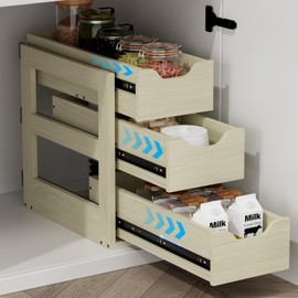 Landmok Adjustable Height Wood Pull Out Organizer 7.5” W × 21.5” D Smooth Pull Out Drawers for Cabinets 3 Tier Slide Out Drawers for Kitchen Cabinets Under Sink Wood