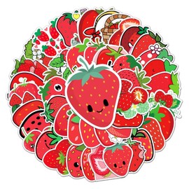 Strawberry Stickers for Laptop (Pack of 50), Gift for Children, Teenagers, Adults, Boys, Strawberry Stickers, Waterproof Vinyl Stickers for Scrapbooking, Skateboard, Car, Luggage, Red and green