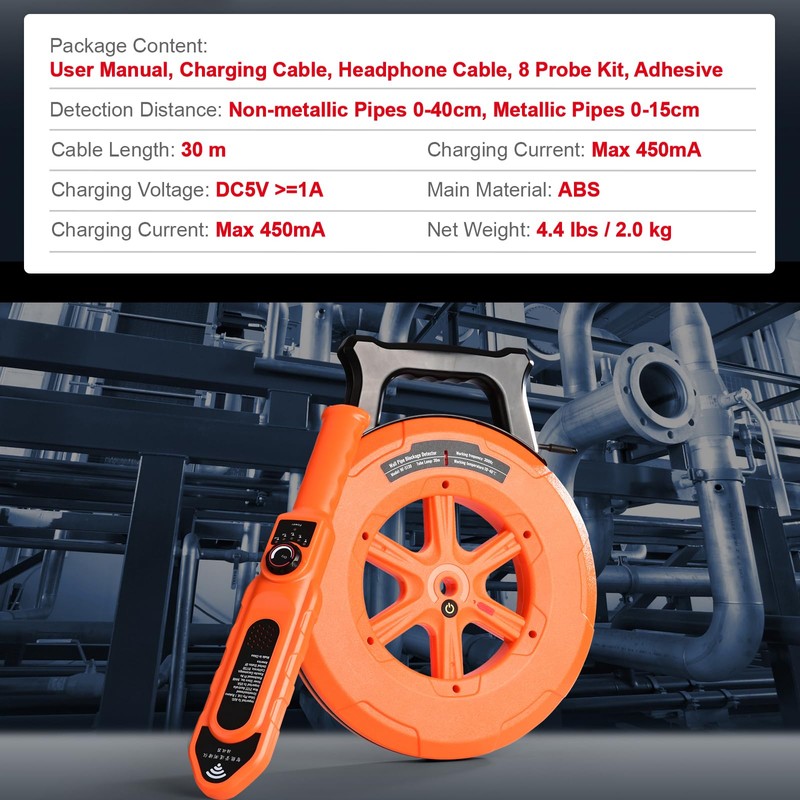 Happybuy Pipe Blockage Detector, 100ft/30m Waterproof Locator, for PVC, Plastic,