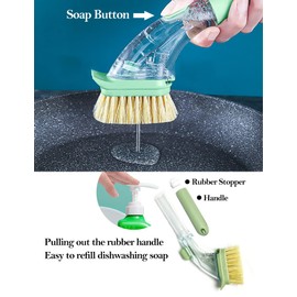 Soap Dispensing Dish Brush with 3 Replaceable Heads, Updated No Leaking Soap Dish Scrubber Soap Dispenser, Kitchen Dish Brush with Soap Dispenser for Pot Pan Sink Cleaning