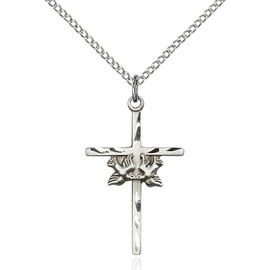Bonyak Jewelry Sterling Silver Doves/Cross Pendant 1 x 5/8 inches with Sterling Silver Lite Curb Chain