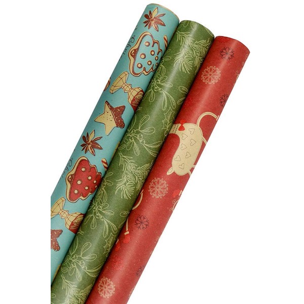 K-Kraft Vintage Prints Christmas Kraft Wrapping Paper Sets - 112.5 Square feet per Set (Mistletoe-Reindeer-SodaShoppe)