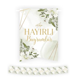Bayram Decoration, Hayirli Bayramlar, Banner, Bunting, Eid Decoration, Ramazan Decor, Bayram Mübarak, Eid Mubarak Decoration (White/Gold)