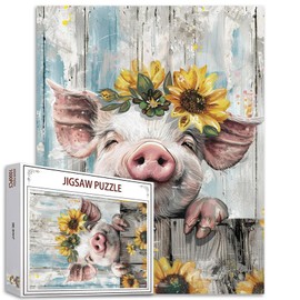 Tucocoo Cute Smile Pig Jigsaw Puzzles for Adults 1000 Pieces, Farmhouse Animal Sunflowers Retro Art Jigsaw Puzzle Colorful DIY Craft Puzzles for Home Decoration, Family Puzzle Perfect for Game Nights