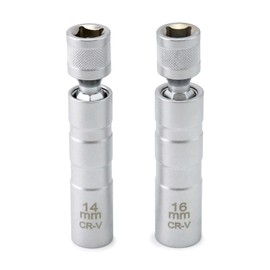 QWORK 14mm&16mm Magnetic Swivel Spark Plug Socket, Thin Wall Magnetic Rotating 3/8" Drive 12 Point Standard Spark Plug Socket Removal Tool 360-degree Rotation for Maximum Flexibility