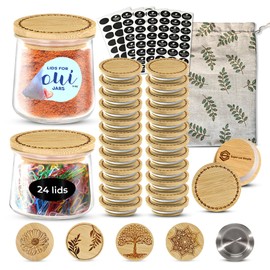 4-24 Lids Set With Leaves Ring Design or Choose Another Design | Reusable Bamboo Wood Lids for Yoplait Oui Yogurt Jars with Airtight Sealing | Oui Yogurt Jar Lids for Regular or Petite Jars | 24 Lids