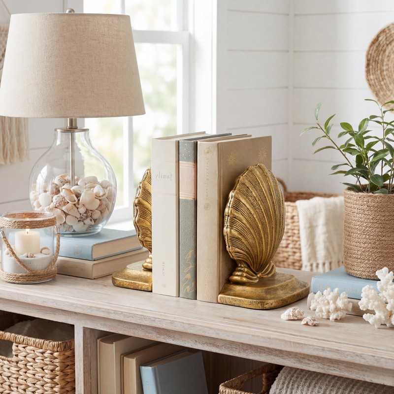 MXARLTR Decorative Shell Bookends, Coastal Nautical Book Ends for Shelves