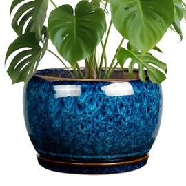 SQOWL 10 Inch Plant Pot - Ceramic Planter Pot with Drainage Hole and Saucer, Decorative Plant Pot for Indoor Outdoor Plants, Round Large Planter Flower Pot, Blue