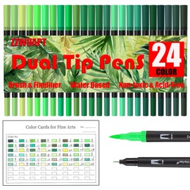 ZZWUAPT Green Double Tip Brush Pens Art Markers,24 Colored Artist Fine Brush Pen Coloring Markers for Adult Drawing Art Craft Kit