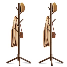 Azaeahom Wooden Coat Rack, Free Standing Coat Rack with 8 Hooks 3 Adjustable Heights for Clothes, Hats, Handbags, Coat Tree Easy Assembly for Entryway, Bedroom, Hallway, Office(2PCS)