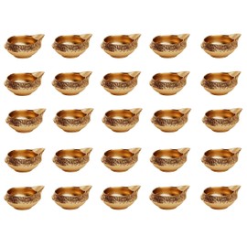 Avador Handmade Brass Indian Puja Oil Lamp, Golden Diya Lamp Engraved Design Diya for Diwali Pooja 2.5 Inch (20)