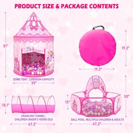 Princess Castle Kids Play Tent tunnel for Girls 4-12 Years Children Toys Pink Ball Pit Tent  with Pop-up Tunnel Indoor Outdoor Playhouse indoor