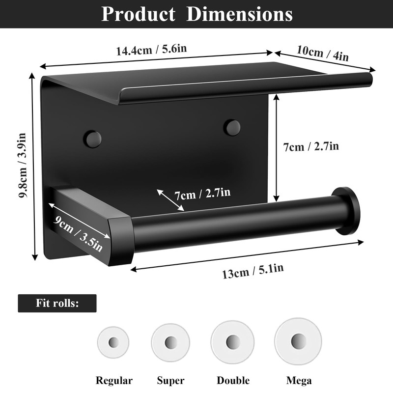 Tindbea Toilet Paper Holder with Phone Shelf, Adhesive or Screw