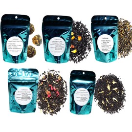 Chinese Tea Culture 5 Black Tea Samplers, Caffeinated, Dragon Pearls Black Tea, Ginger Peach Tea, Strawberry Blueberry Tea, Golden Monkey Black Tea, Sweet Black Tea, Loose Leaf Tea